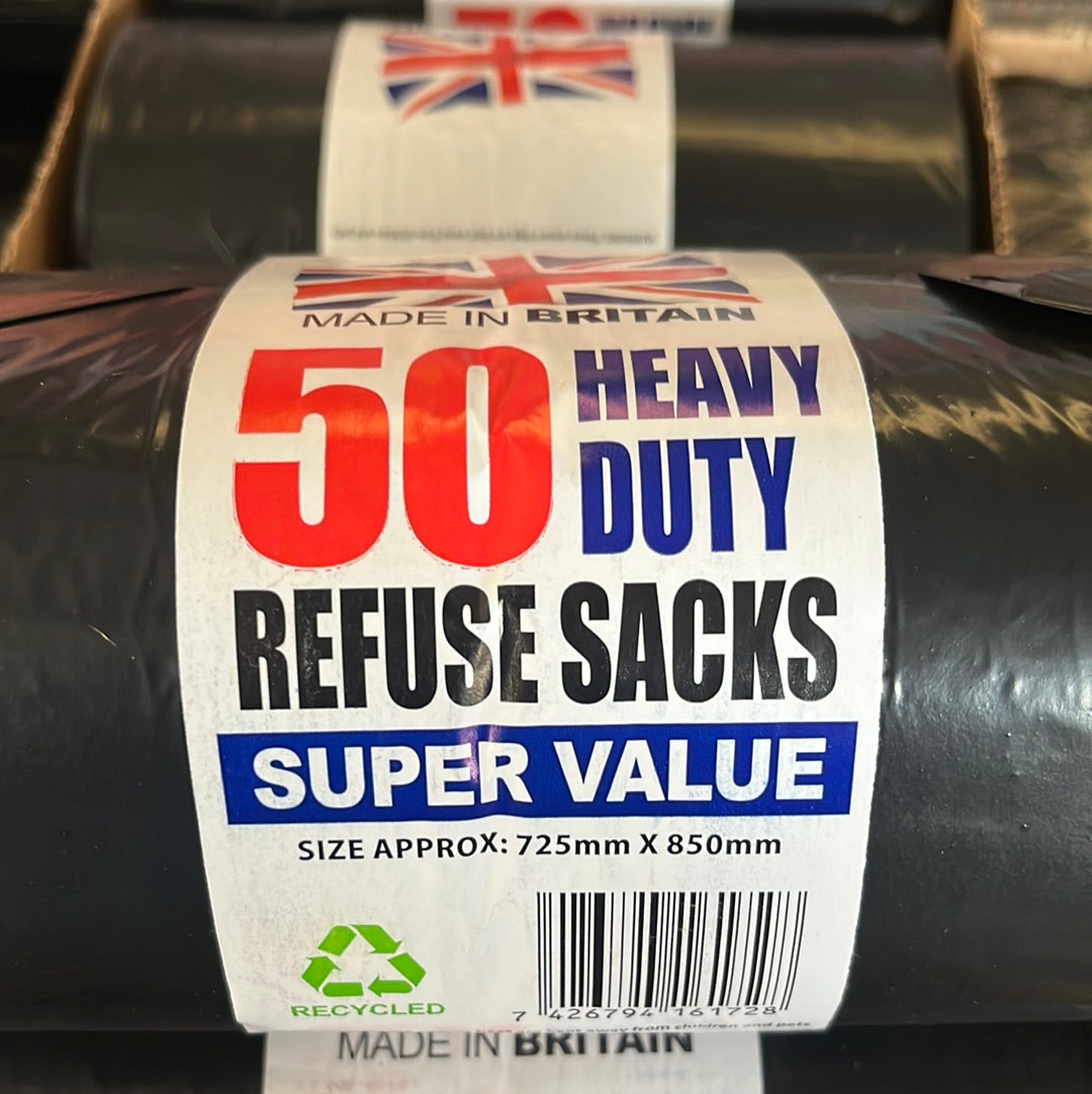 Heavy Duty Refuse Sacks / Black Bin Bags 50 x 10 Rolls